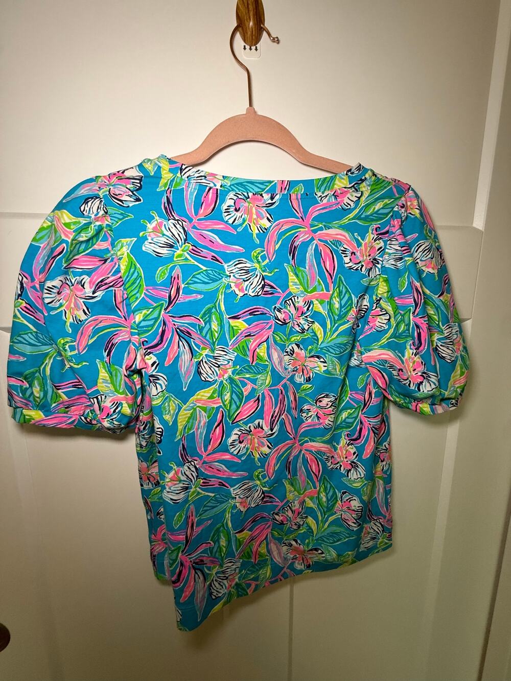 Lilly Pulitzer Turquoise Pink Floral Puff Sleeve Top Size S